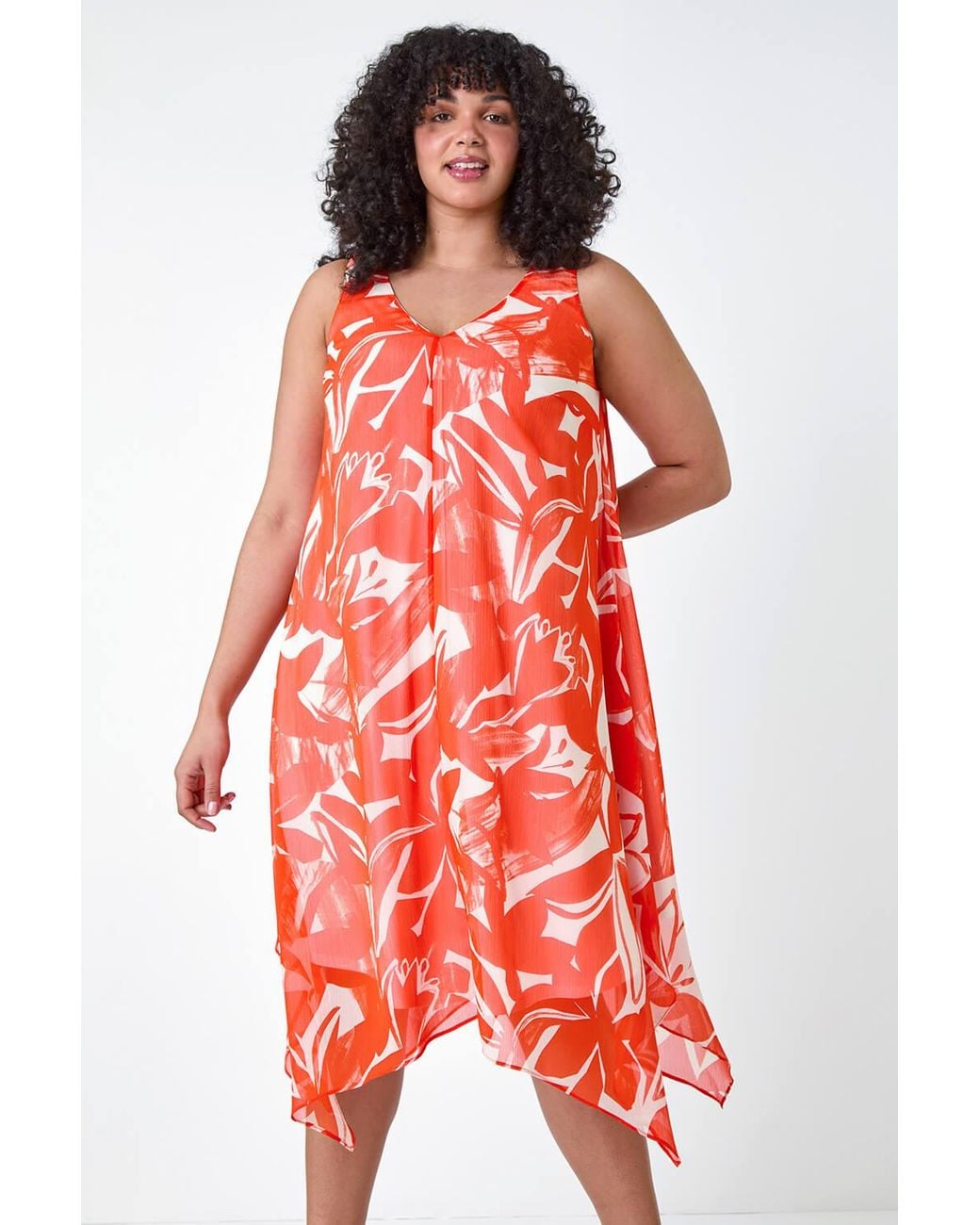 Roman Curve Red Abstract Print Chiffon Dress