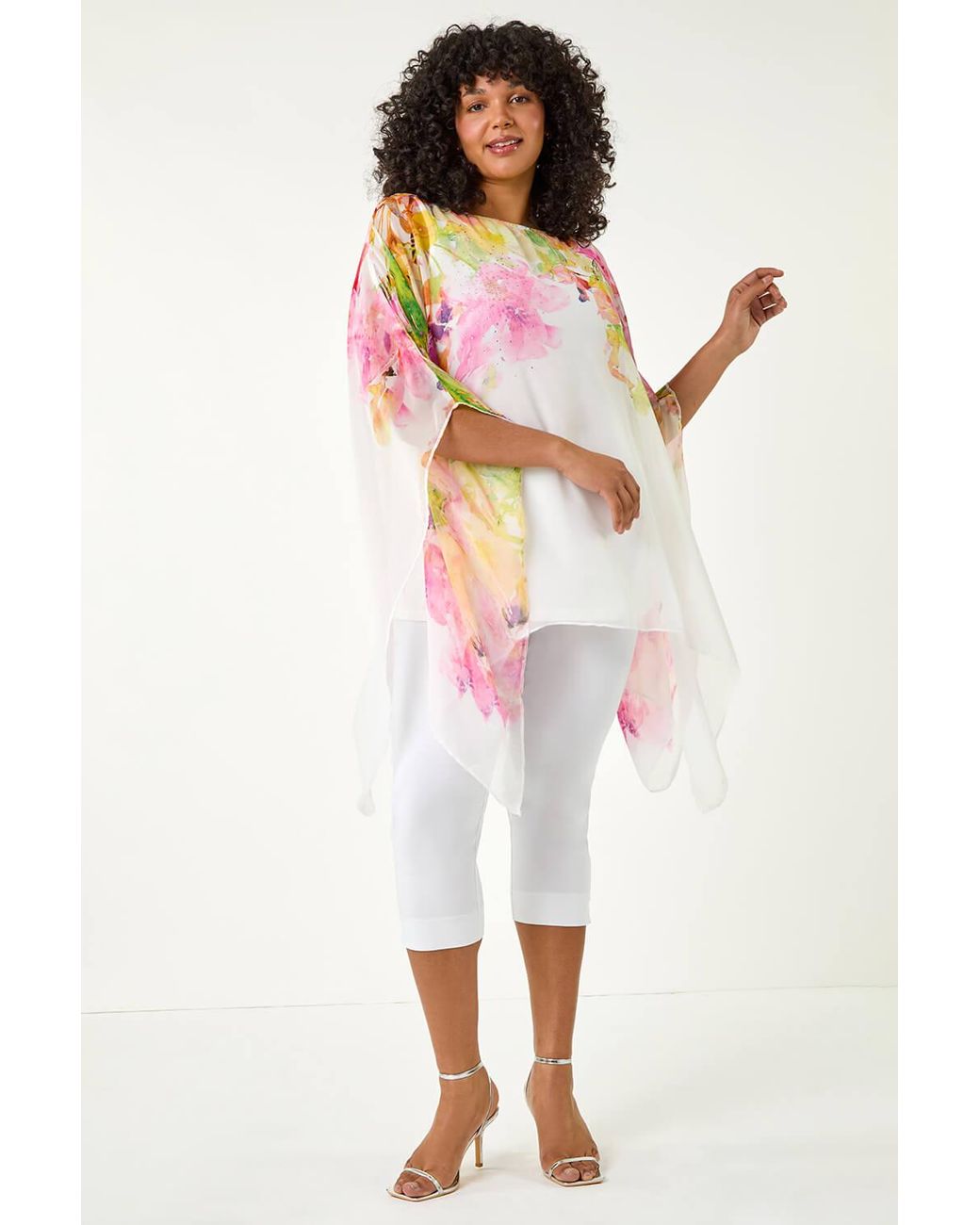 Roman Curve White Floral Sparkle Hanky Hem Top