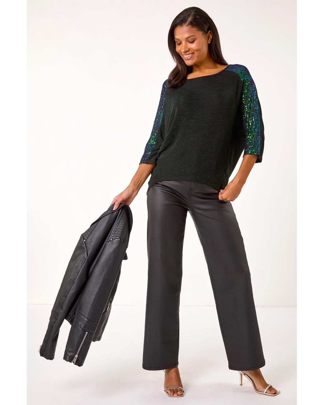 Roman Black Sequin Detail Stretch Tunic Top