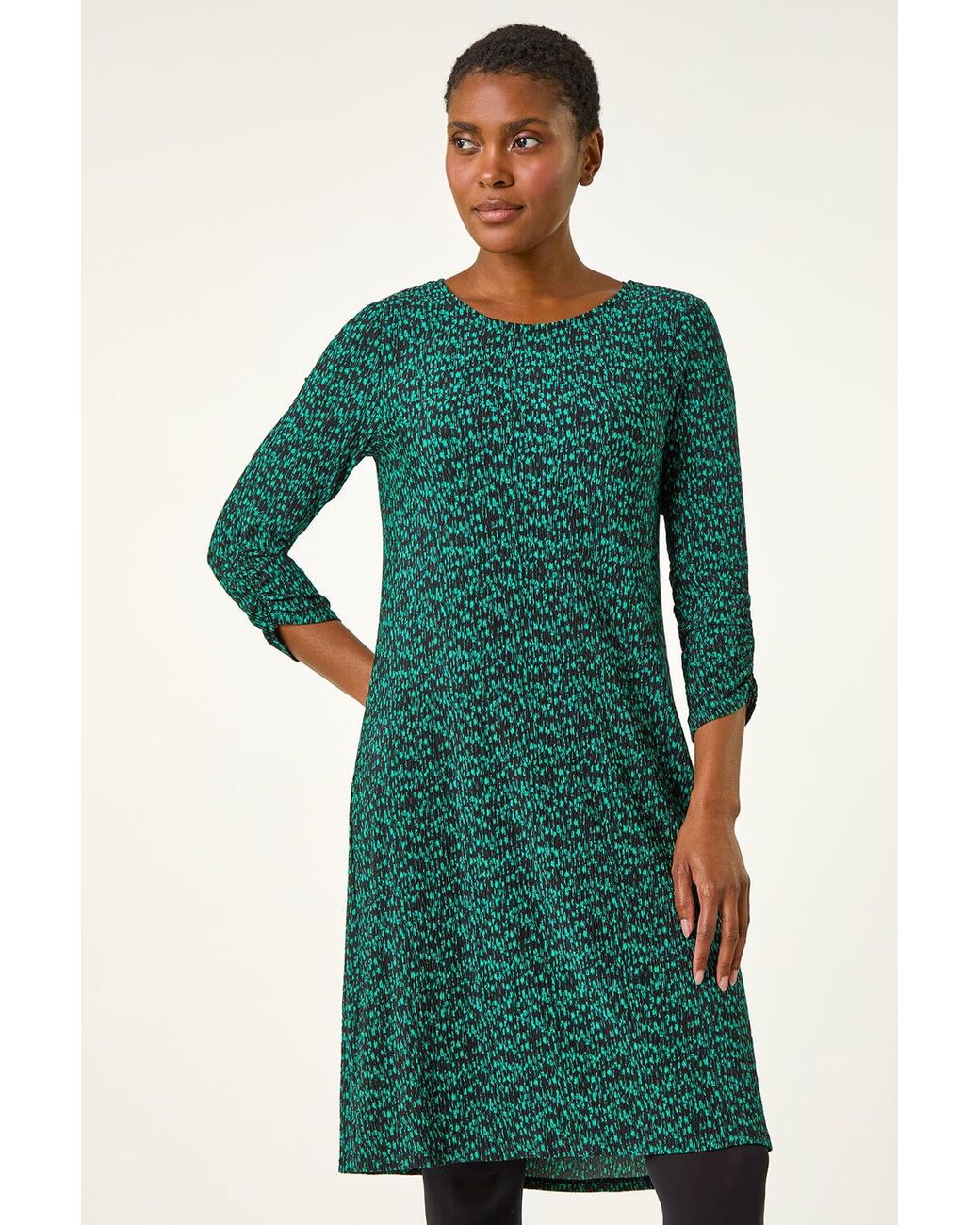 Roman Green Abstract Print Swing Hem Stretch Dress