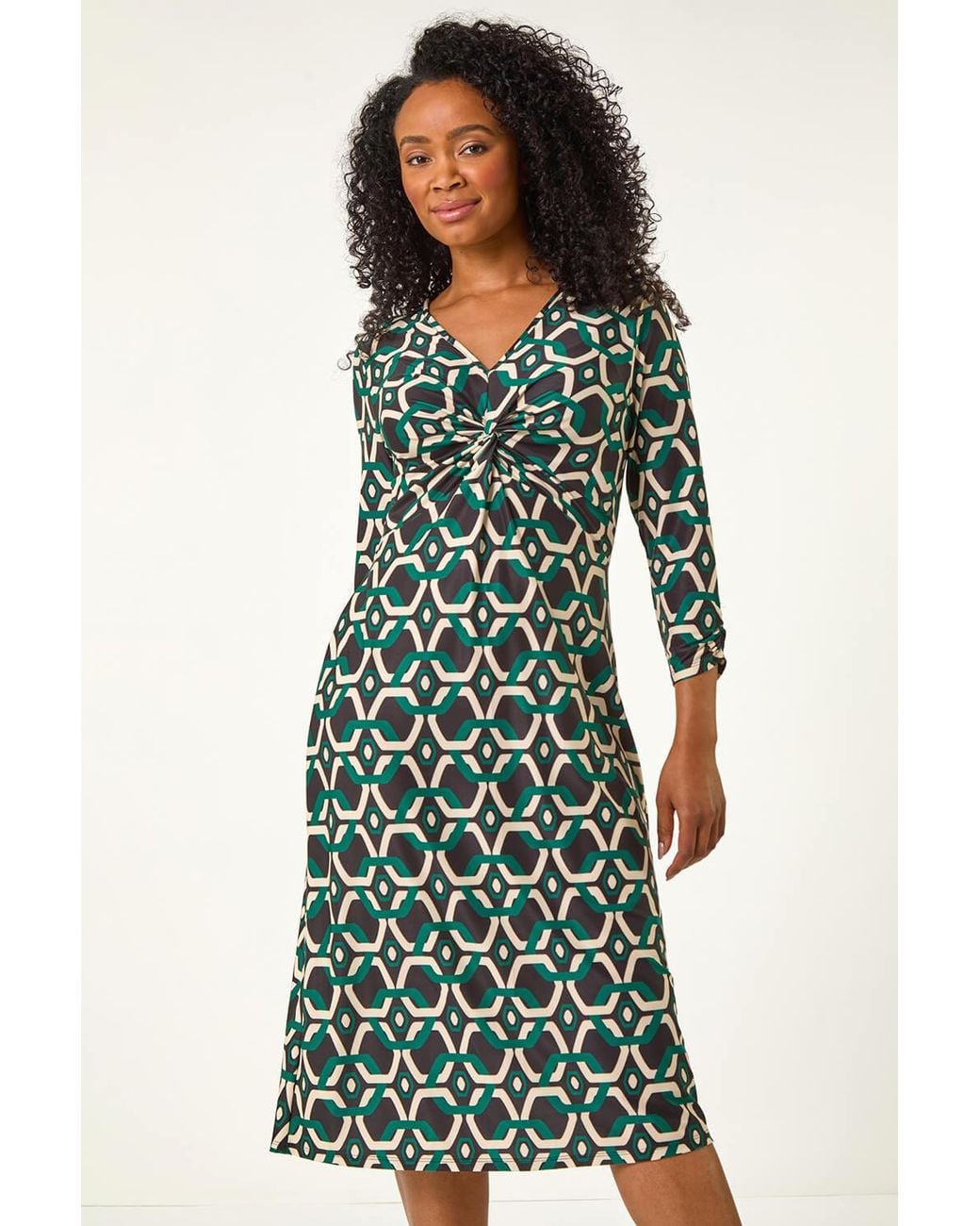 Roman Petite Green Geometric Twist Midi Dress