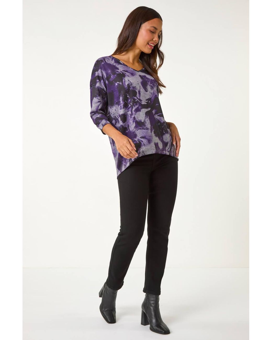Roman Purple V-Neck Abstract Print Top