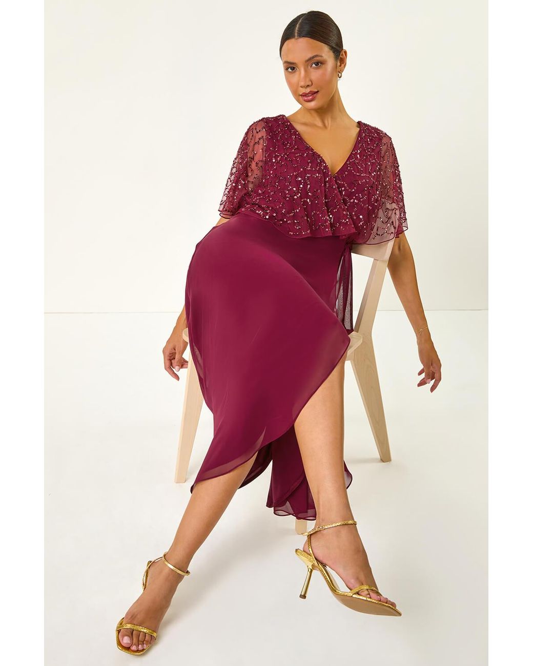 Roman Red Sequin Embellished Maxi Wrap Dress