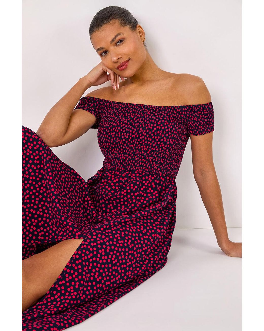 Roman Purple Spot Print Shirred Bardot Maxi Dress