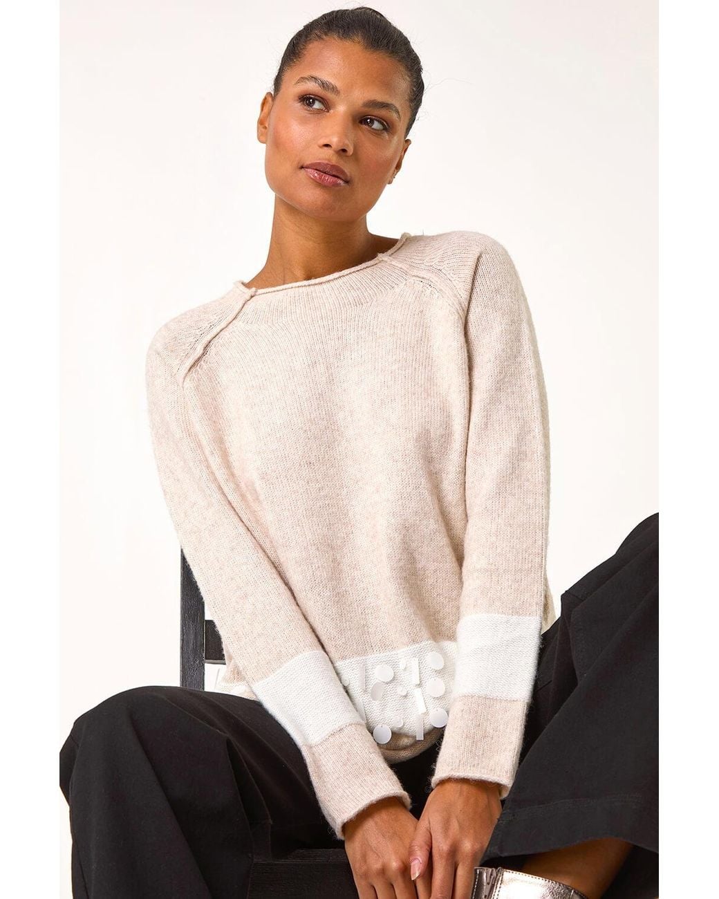 Roman Natural Sequin Colour Block Knit Jumper