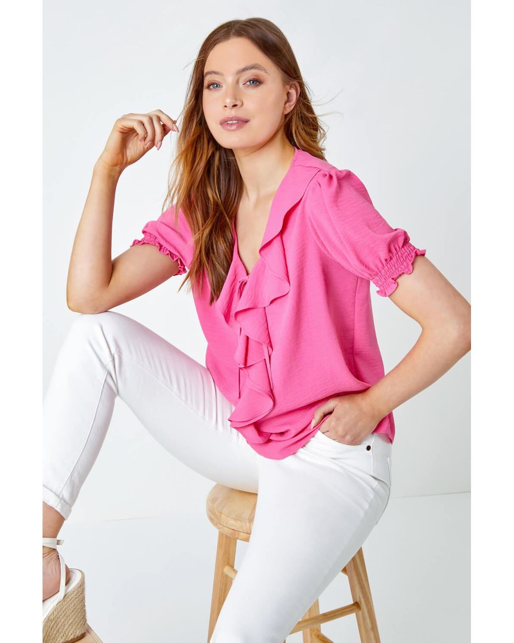 Roman Pink Ruffle Front Tie Detail Blouse