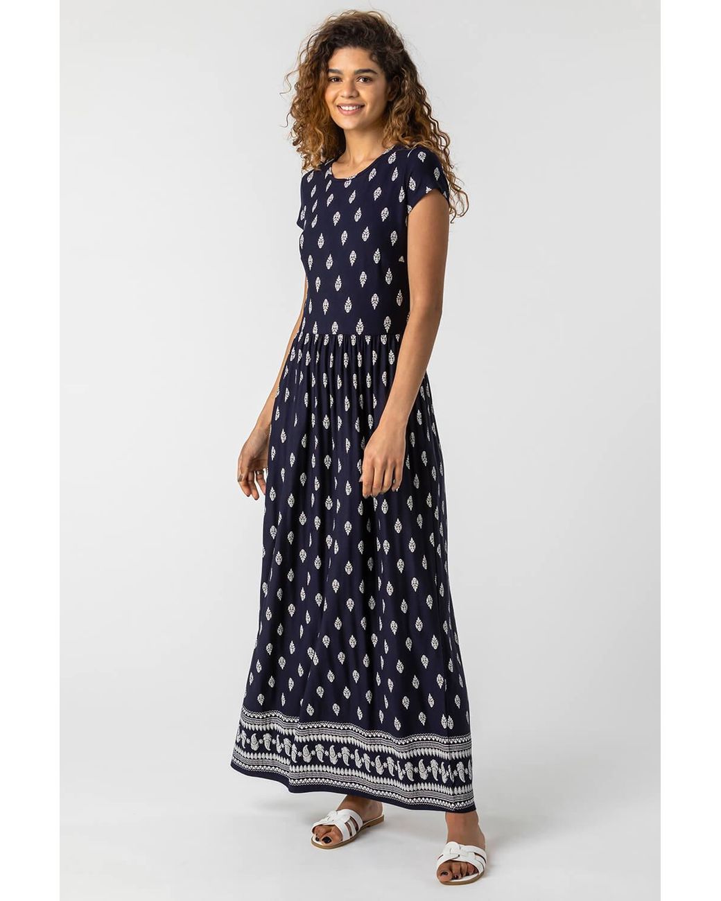 Roman Blue Paisley Border Print Stretch Maxi Dress