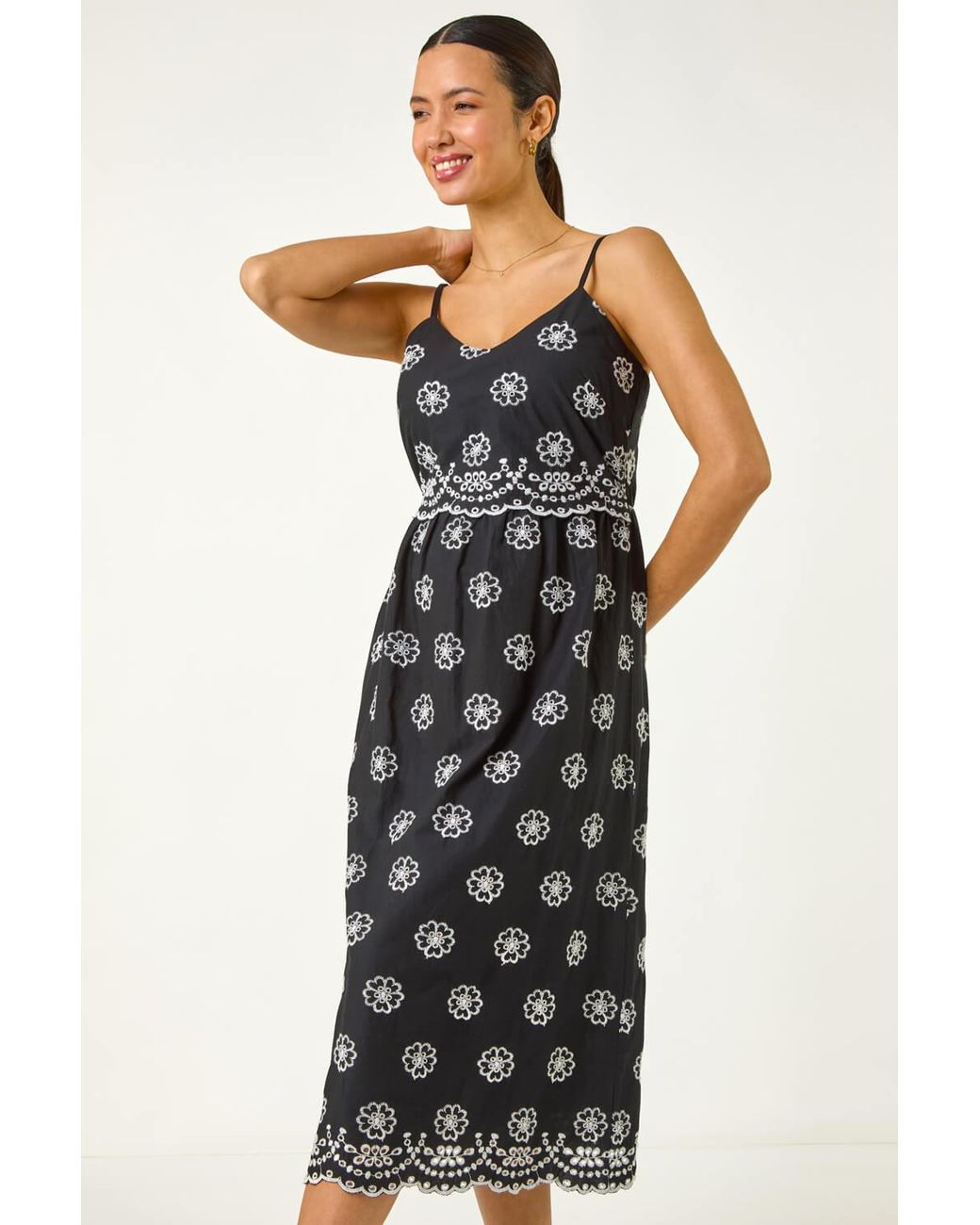 Roman Black Embroidered Strap Midi Sun Dress