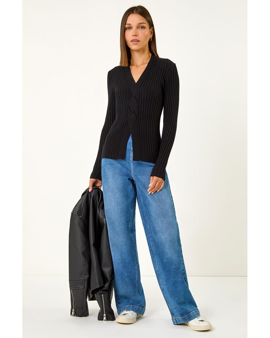 Roman Black Cable Split Detail Rib Jumper