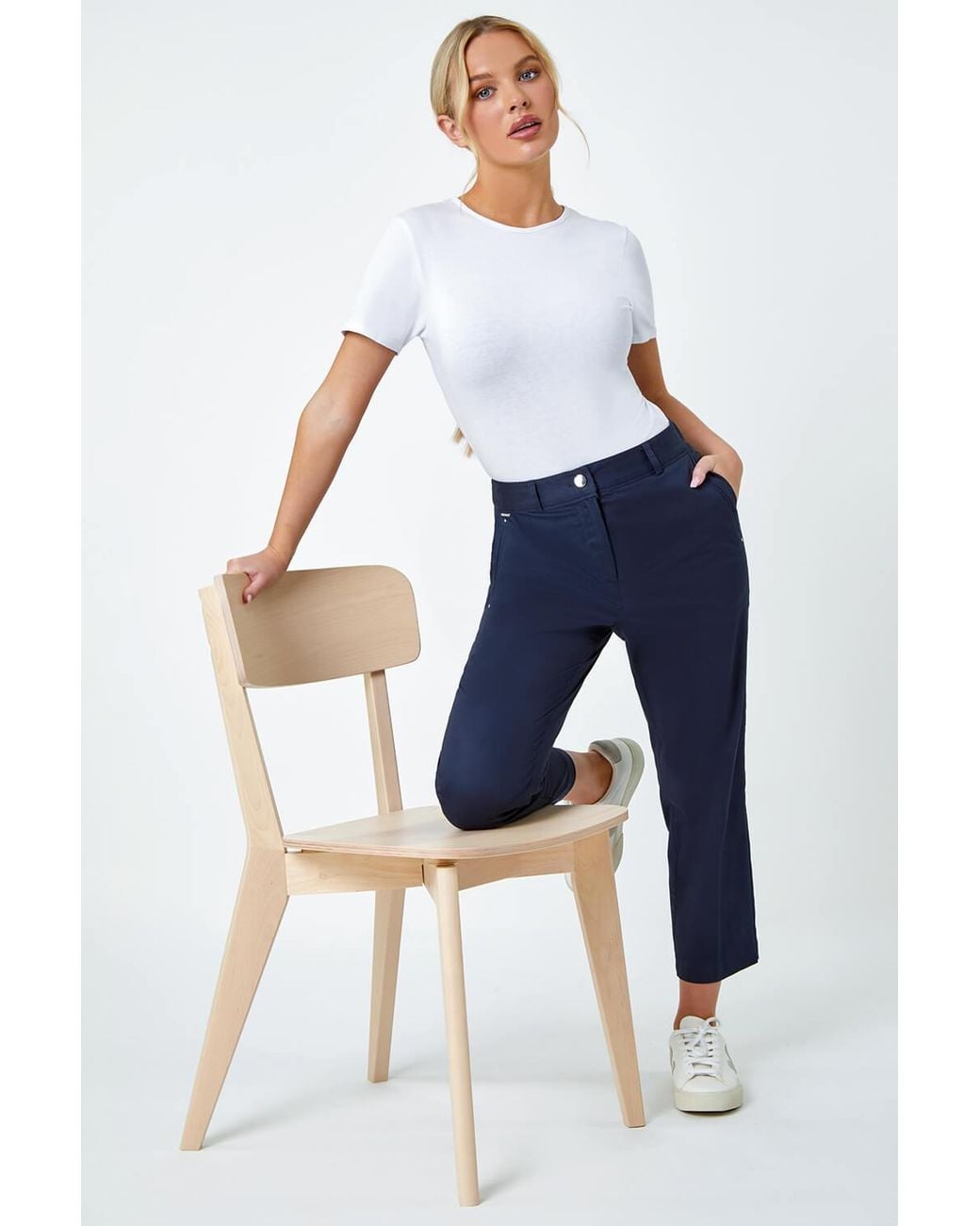 Roman Petite Blue Cotton Ankle Grazer Tapered Trousers