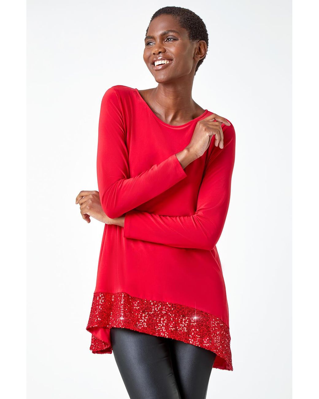 Roman Red Sequin Hem Tunic Stretch Top