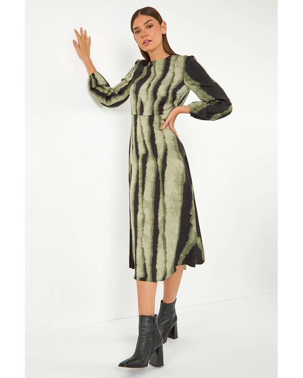 Roman Green Shadow Stripe Print Midi Dress