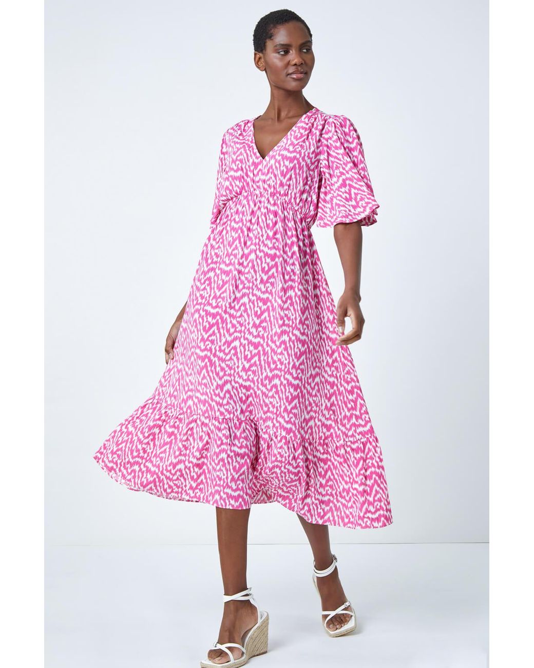 Roman Pink Zig Zag Print Tiered Hem Midi Dress