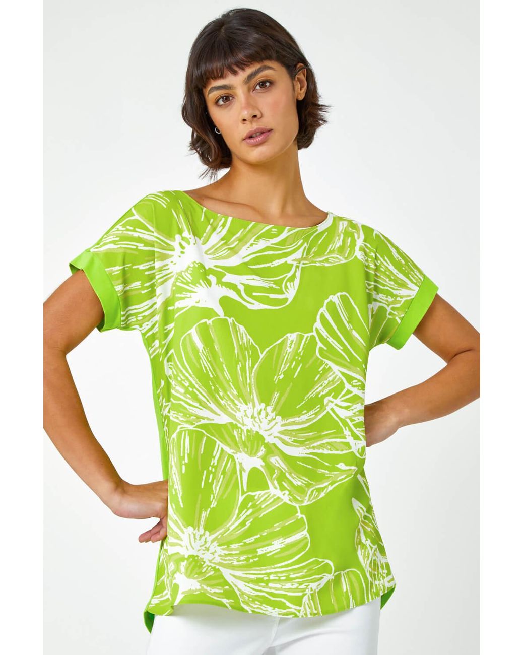 Roman Green Linear Floral Print Stretch T-Shirt