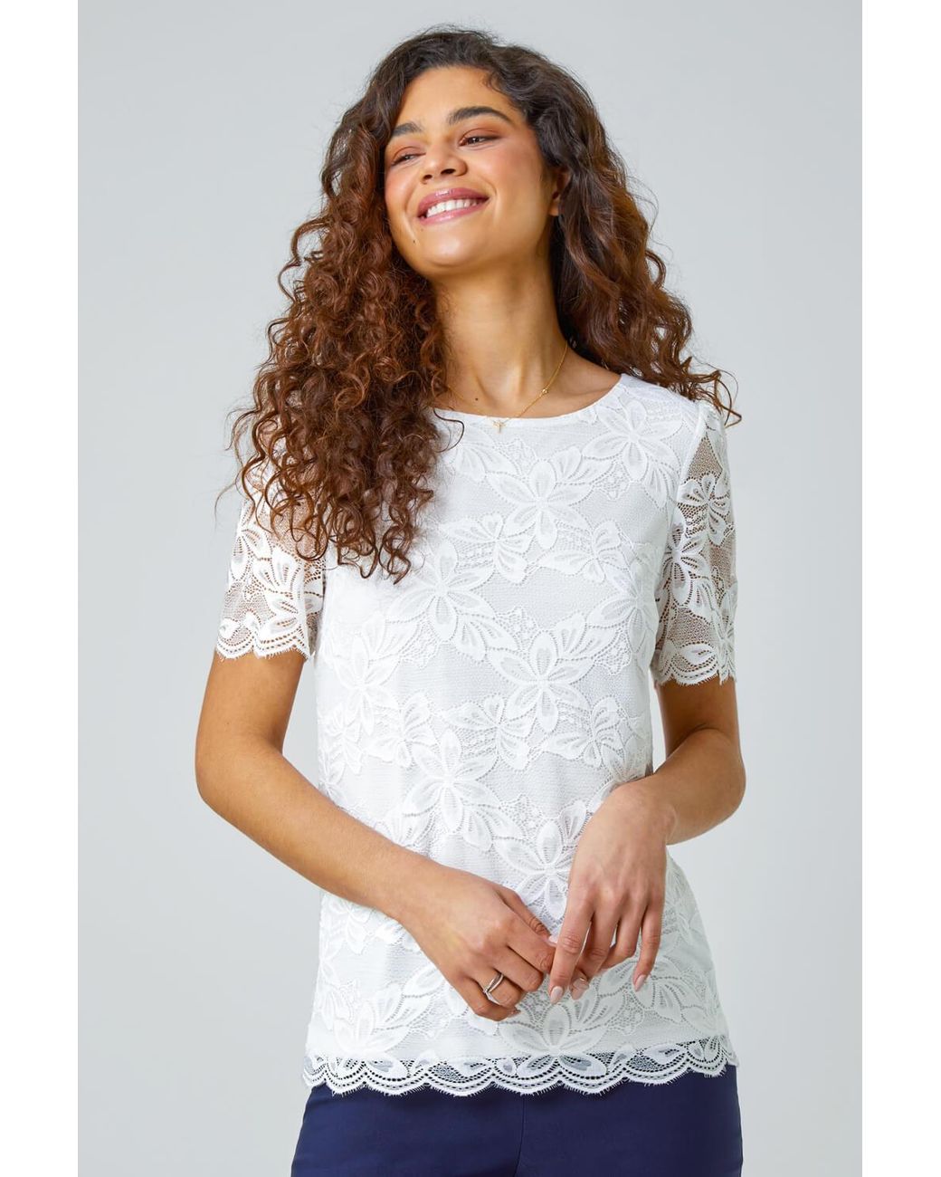 Roman White Floral Stretch Lace Top