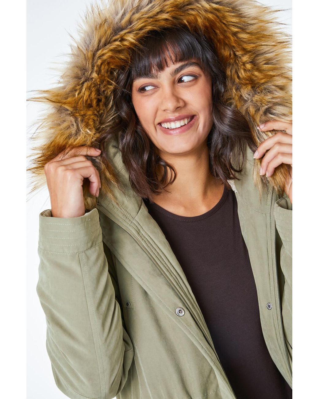 Roman Brown Faux Fur Trim Padded Parka Coat