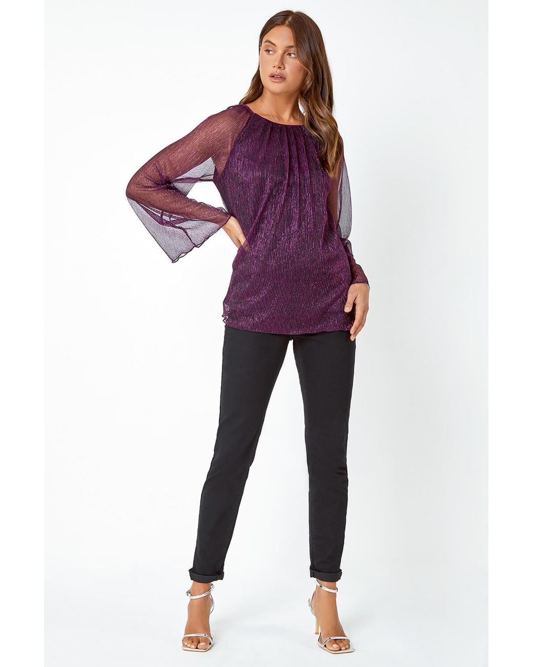 Roman Purple Plisse Overlay Wide Sleeve Top
