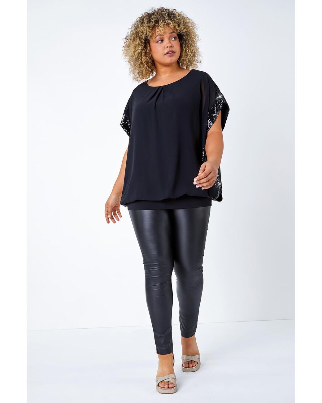 Roman Curve Blue Sequin Trim Chiffon Overlay Top