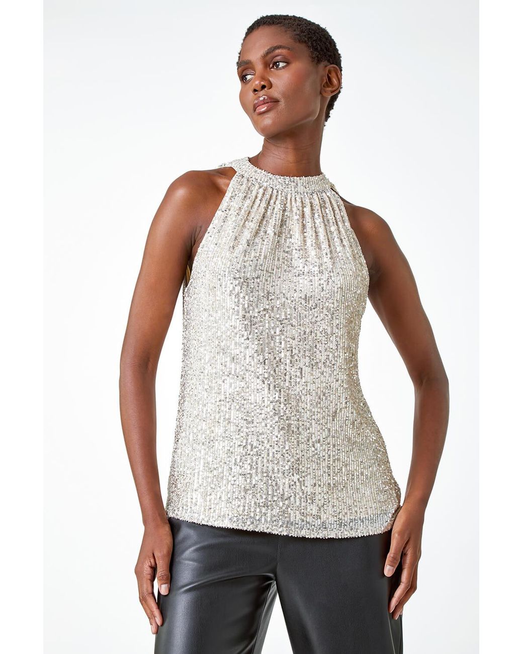 Roman White Halterneck Sequin Stretch Top