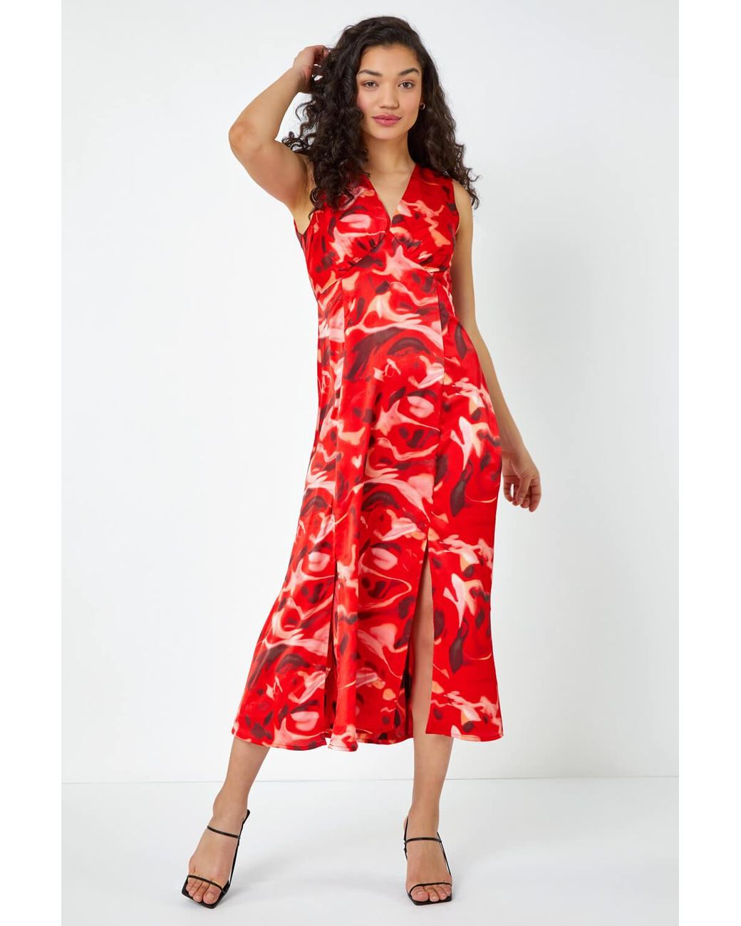 D.u.s.k Red Marble Print Chiffon Midi Dress
