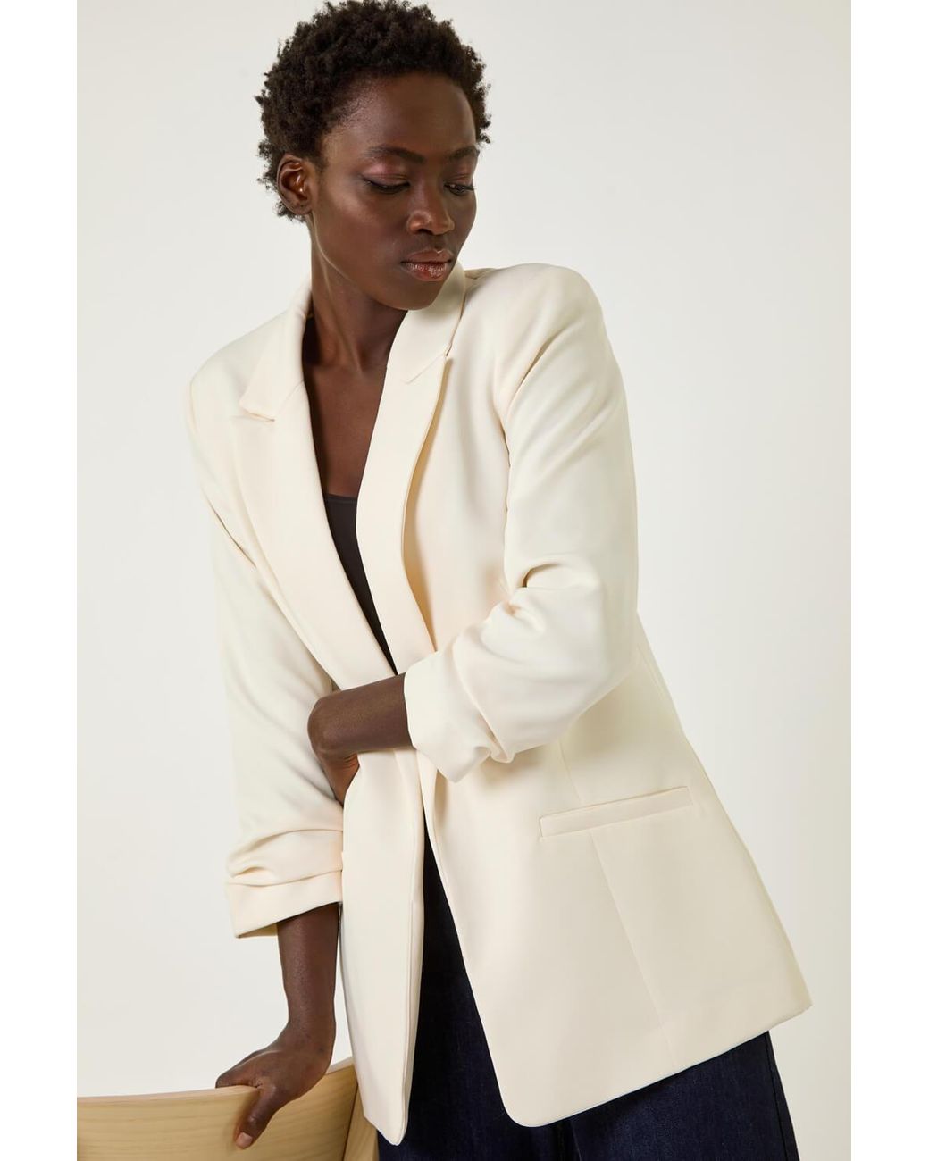 Roman Natural Tailored Ruched Sleeve Stretch Blazer