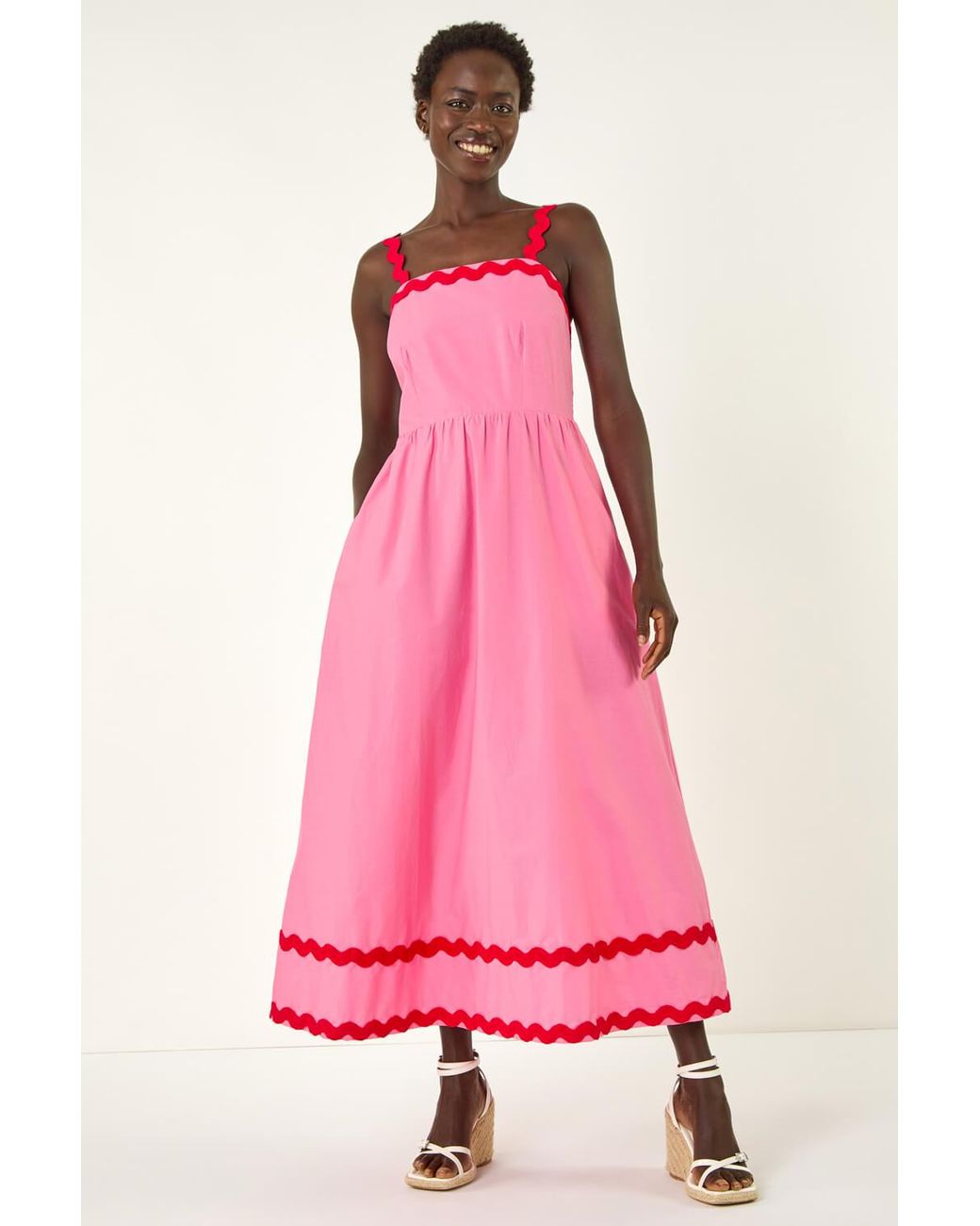 Roman Pink Contrast Ric Rac Midi Dress