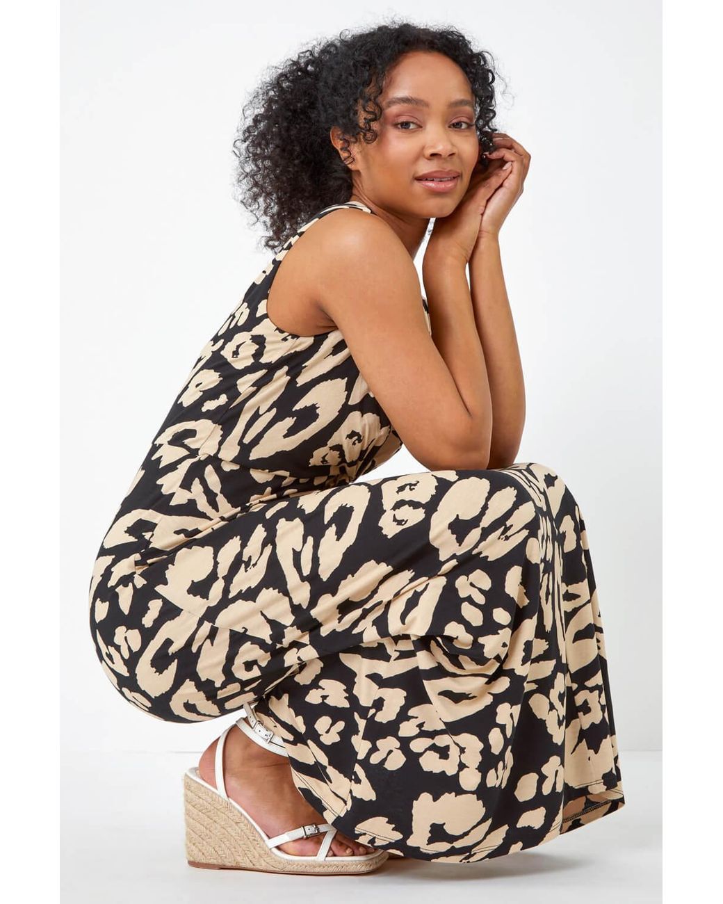 Roman Petite Black Leopard Print Twist Jersey Maxi Dress