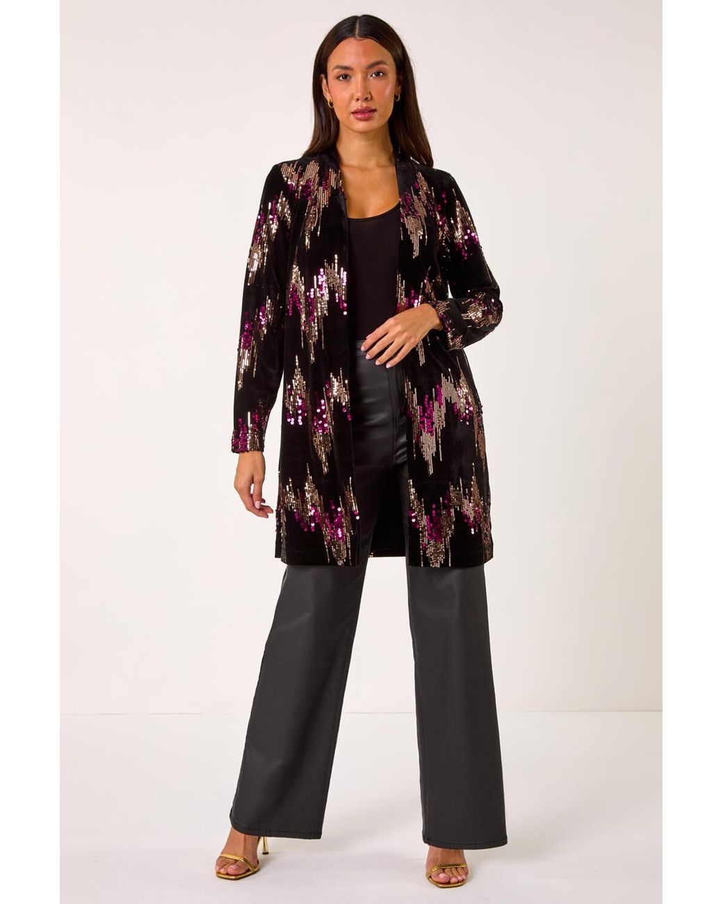 Roman Black Sequin Velvet Longline Jacket