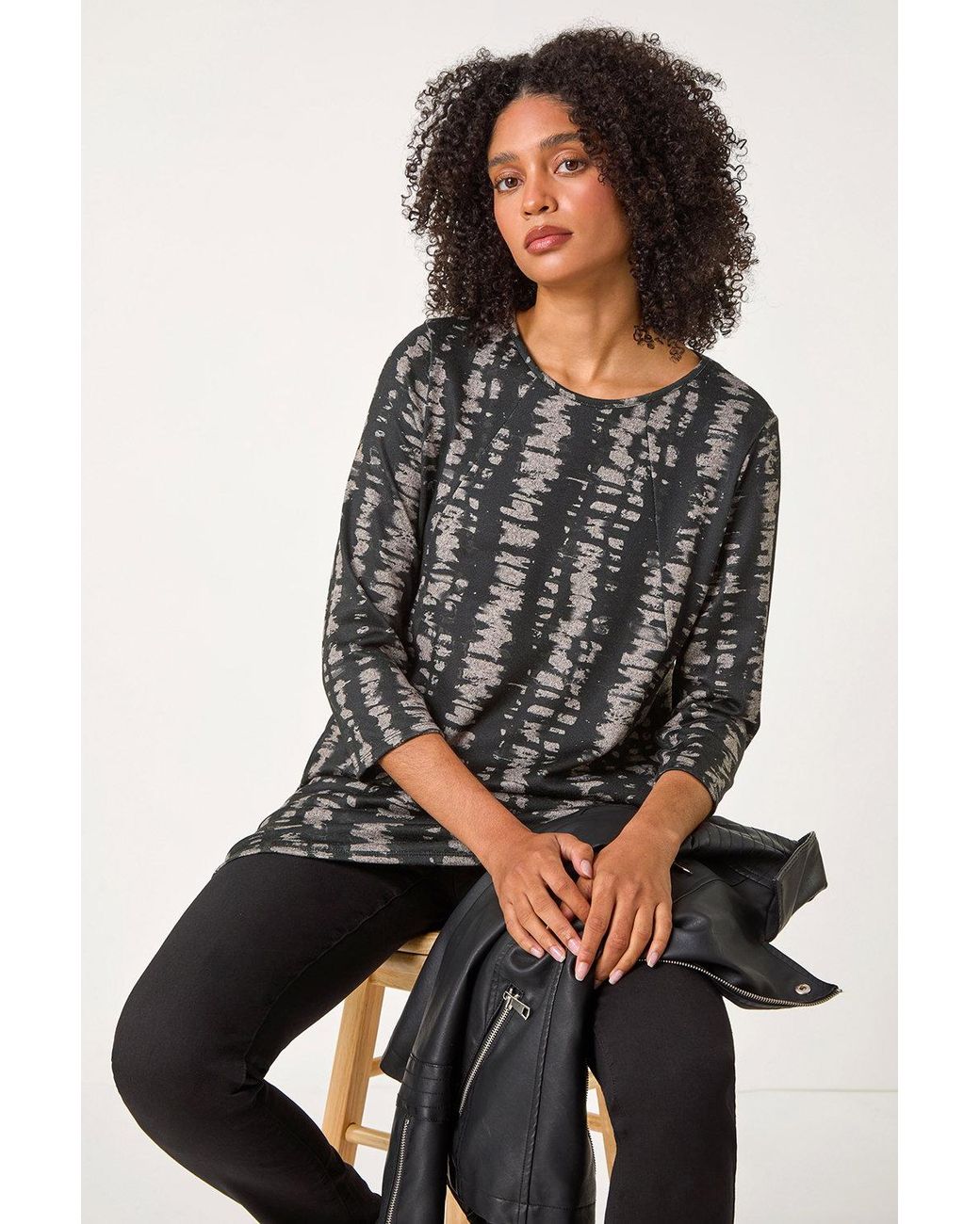 Roman Black Abstract Print Tunic Pocket Stretch Top