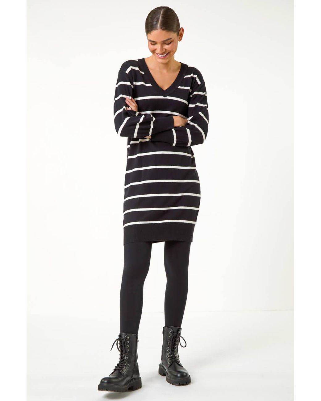 Roman Black Stripe V-Neck Knit Jumper Dress