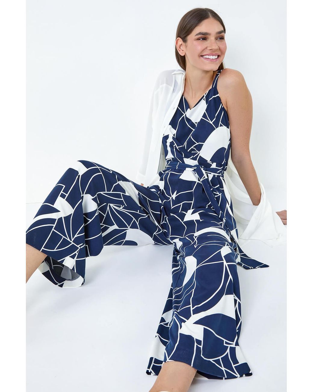 Roman Blue Abstract Print Pocket Jumpsuit