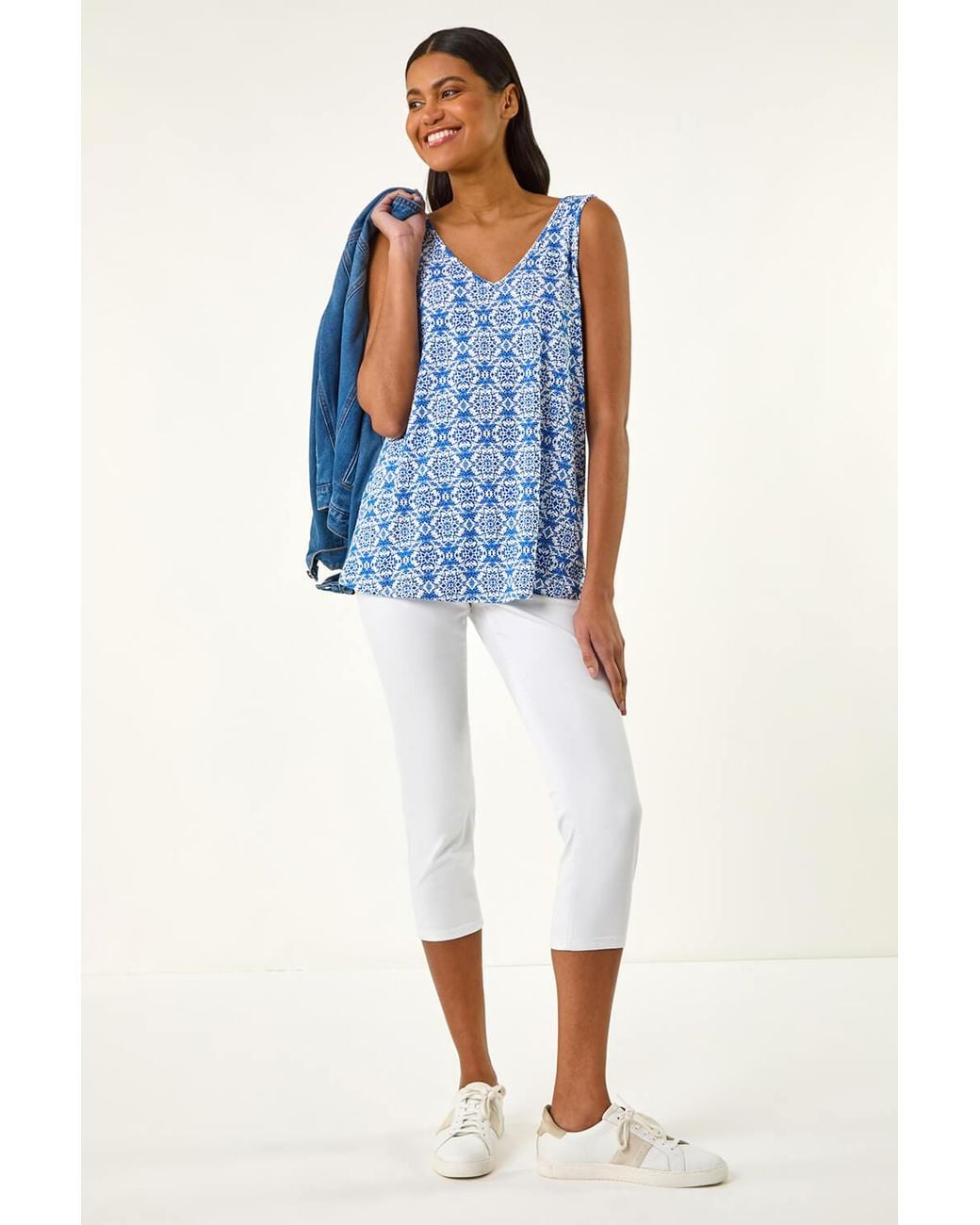 Roman Blue Tile Print Cami Stretch Top