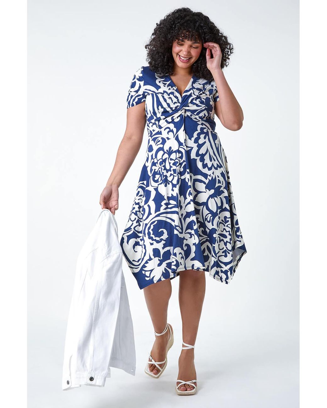 Roman Curve Blue Floral Print Twist Front Dress