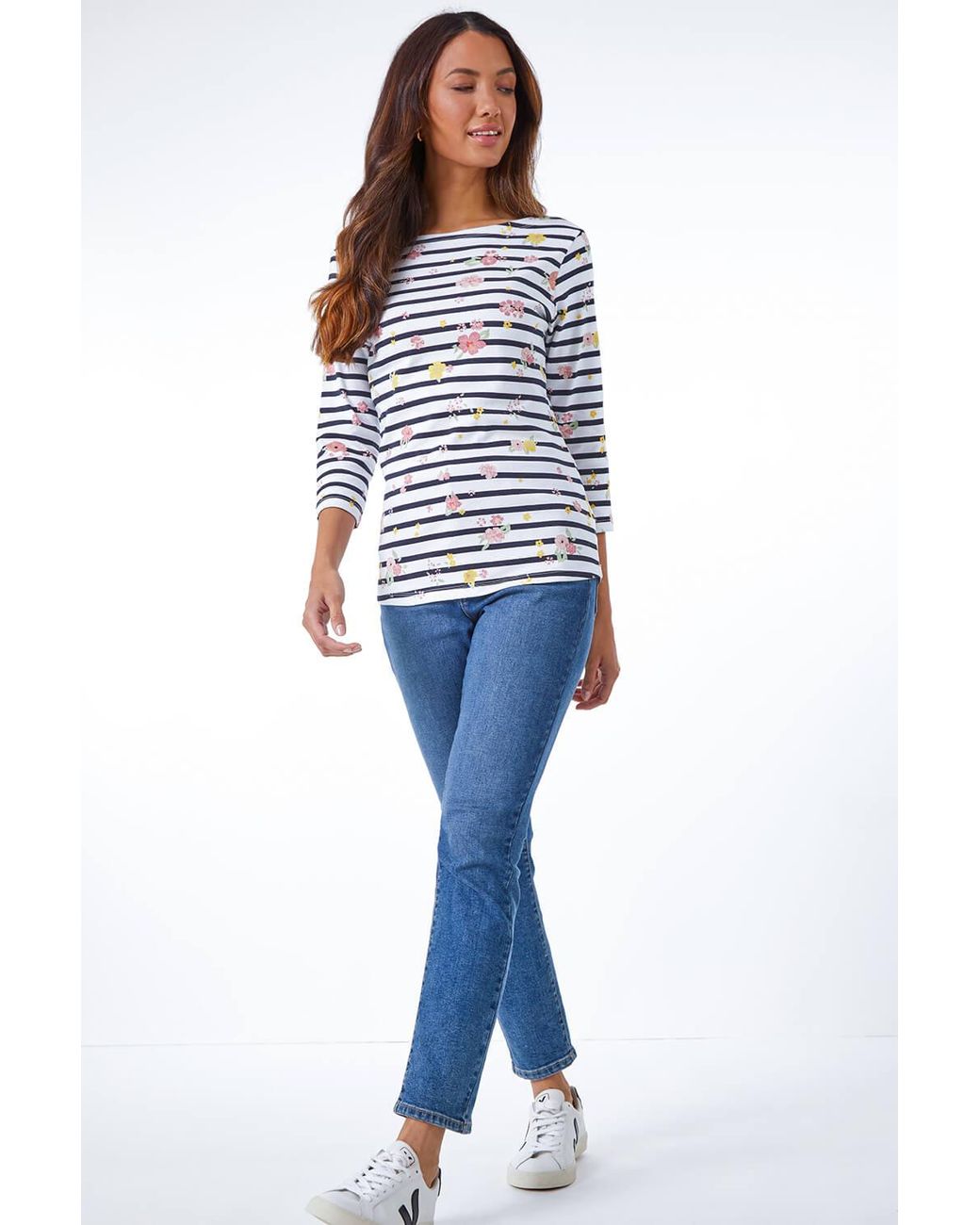 Roman Blue Floral Print 3/4 Sleeve Stripe Top