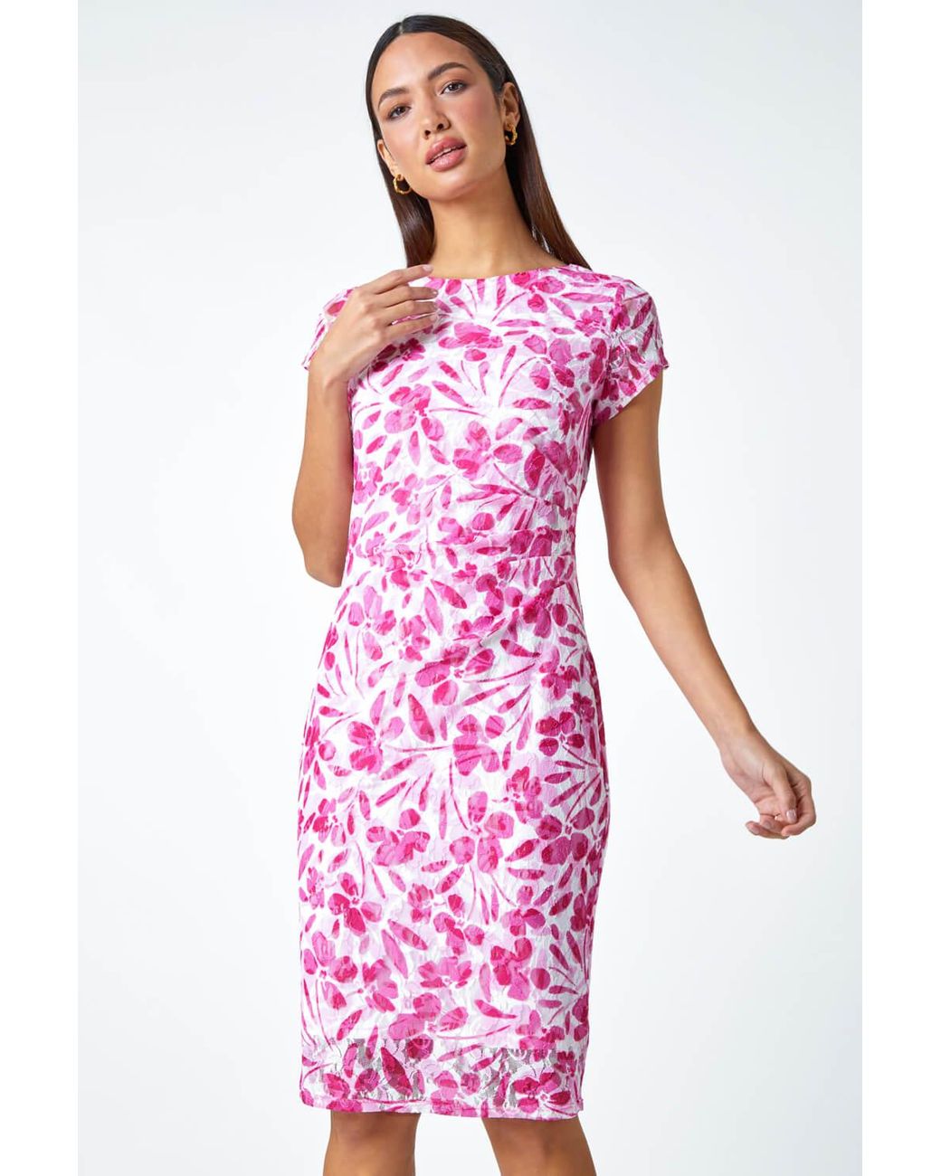 Roman Pink Floral Lace Gathered Stretch Bodycon Dress