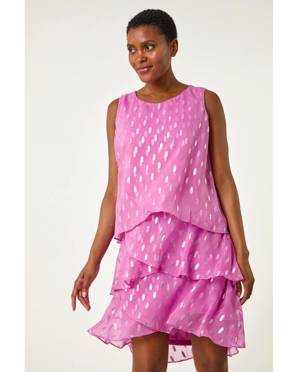 Roman Pink Shimmer Foil Print Tiered Dress