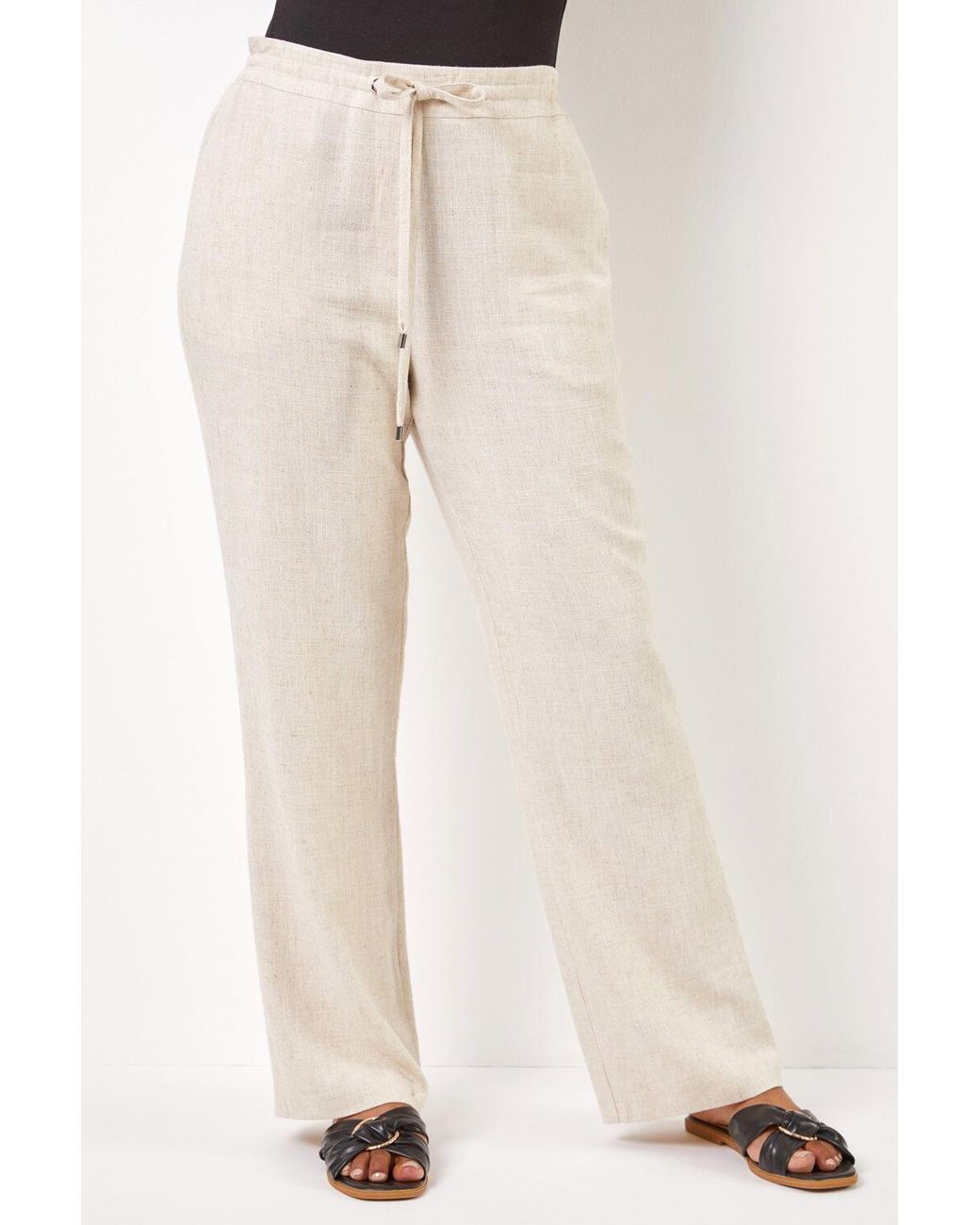 Roman Petite Natural Linen Mix Elastic Waist Tie Front Trousers