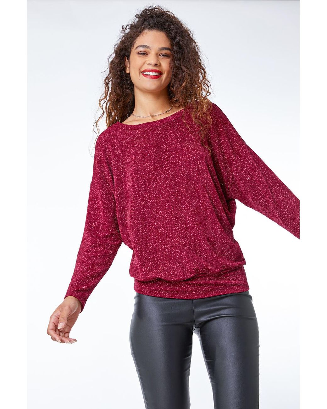 Roman Red Stretch Glitter Blouson Top