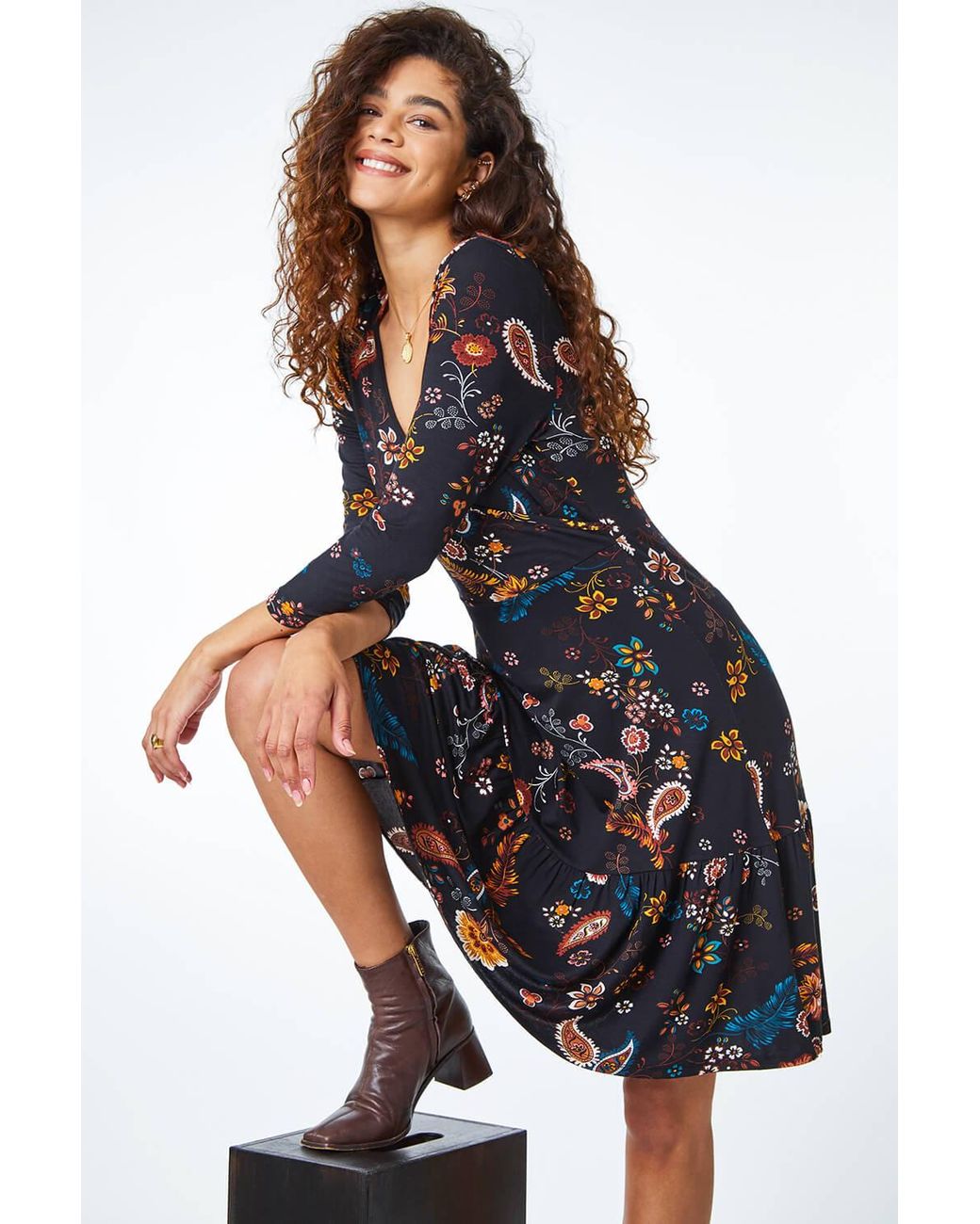 Roman White Paisley Print Mock Wrap Dress