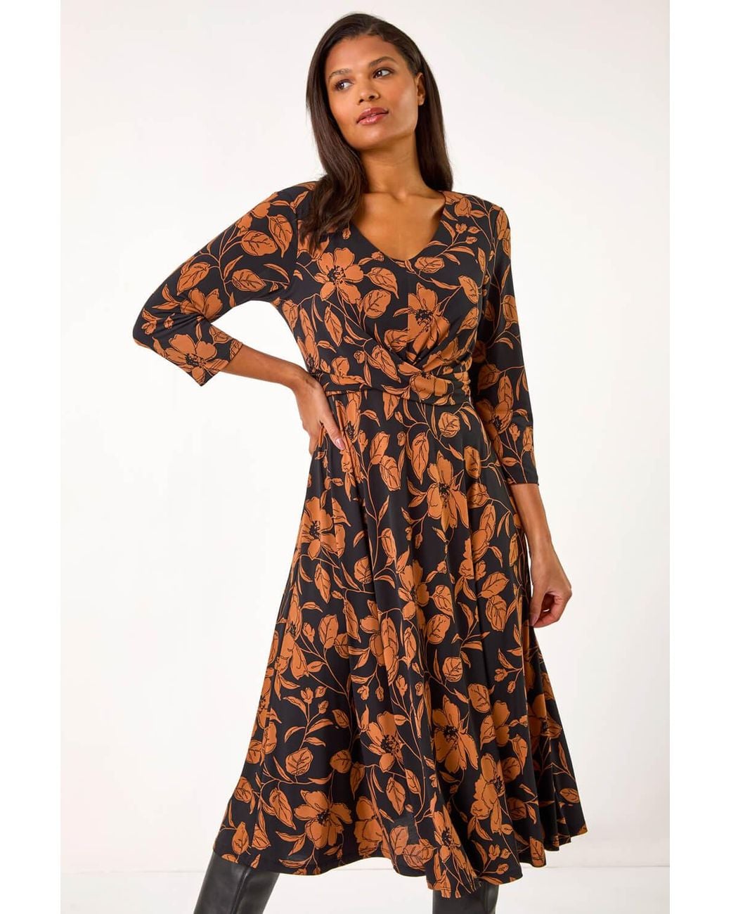 Roman Brown Leaf Print Wrap Midi Dress