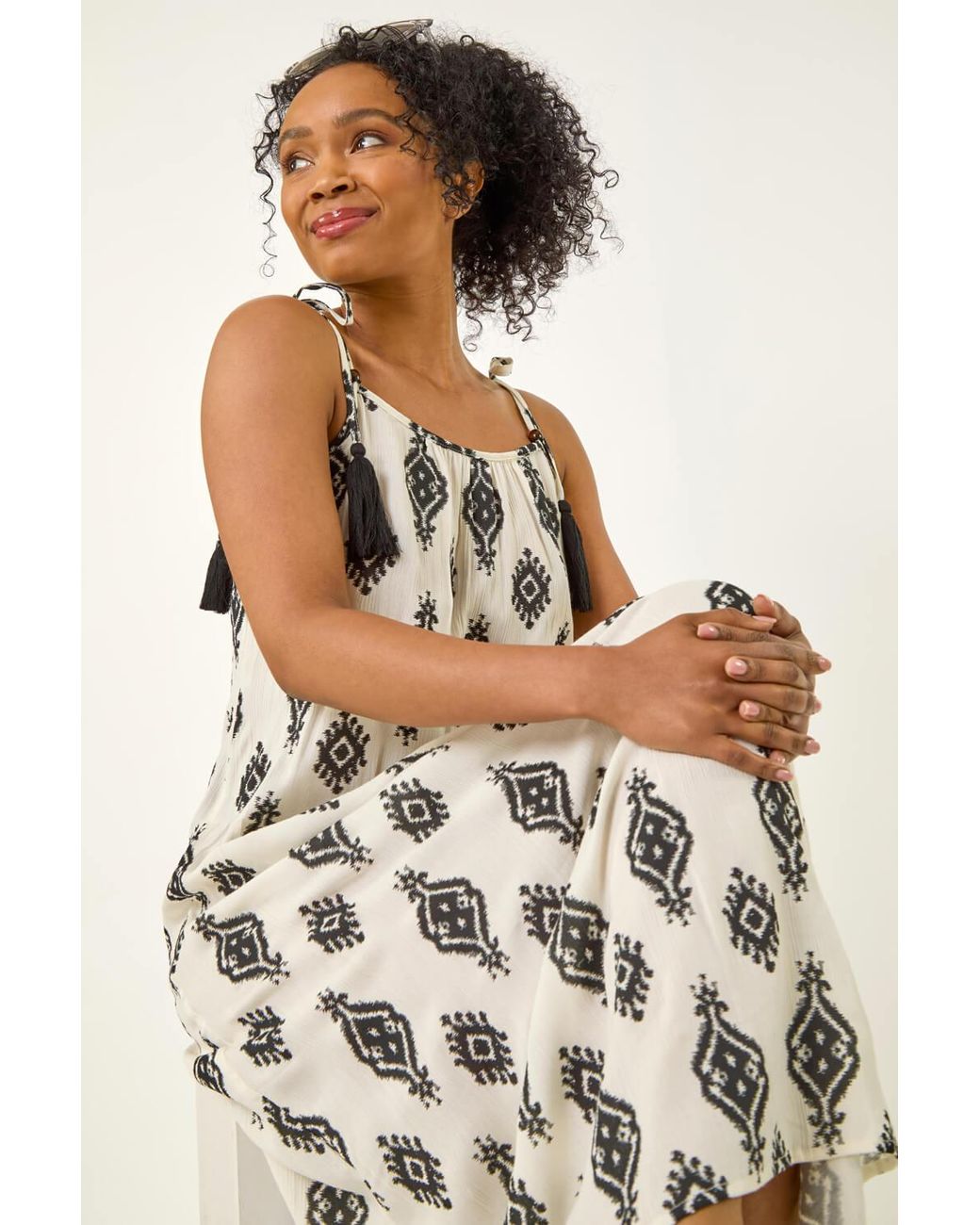 Roman Petite White Aztec Print Midi Dress