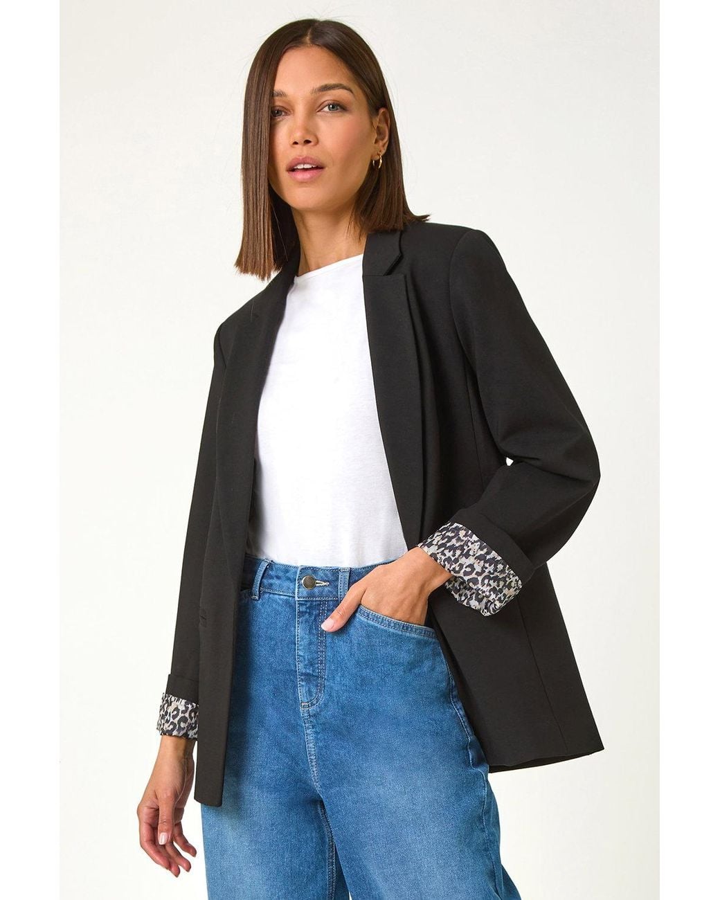 Roman Blue Animal Print Lined Stretch Blazer
