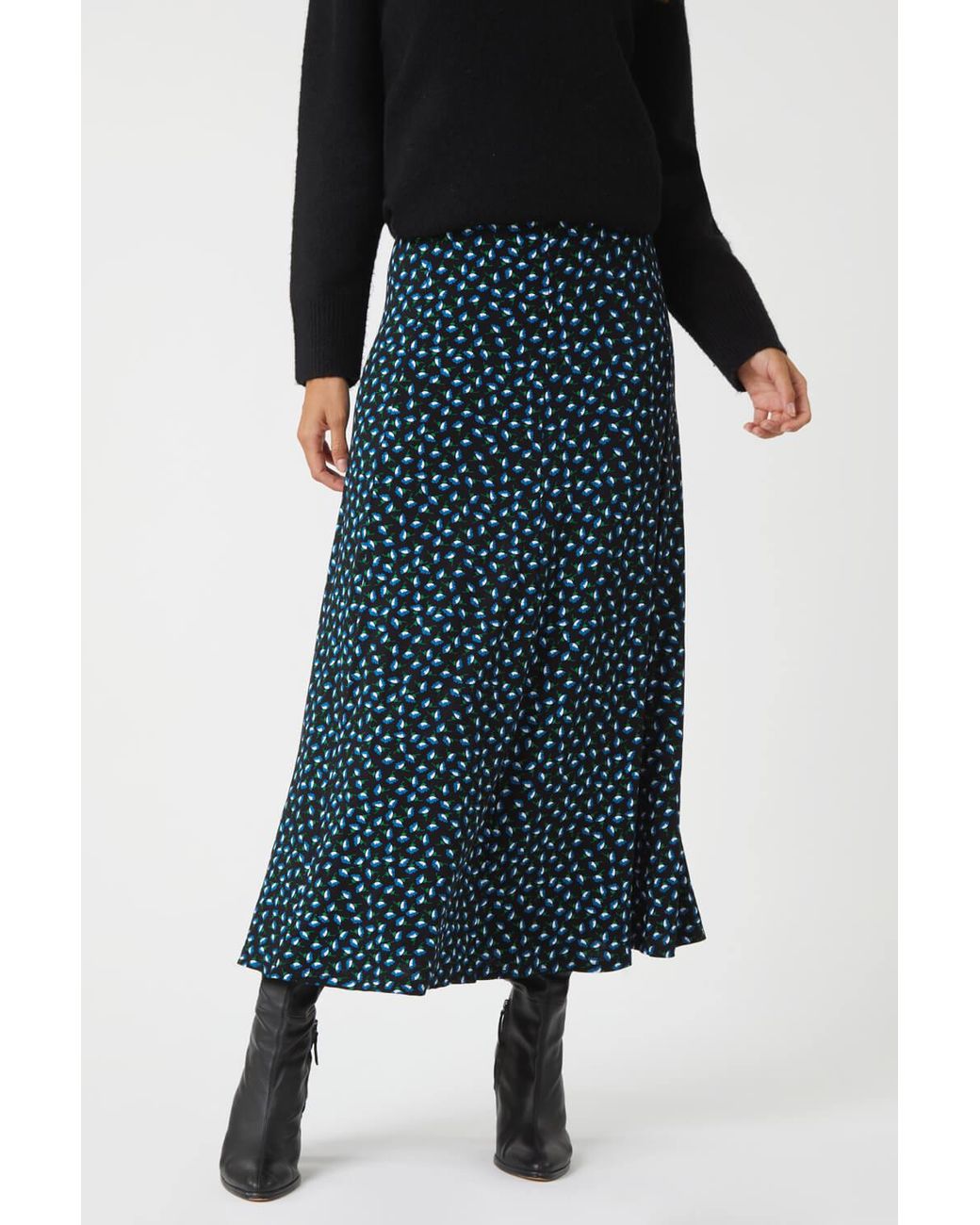 Roman Blue Floral Print Midi Stretch Skirt