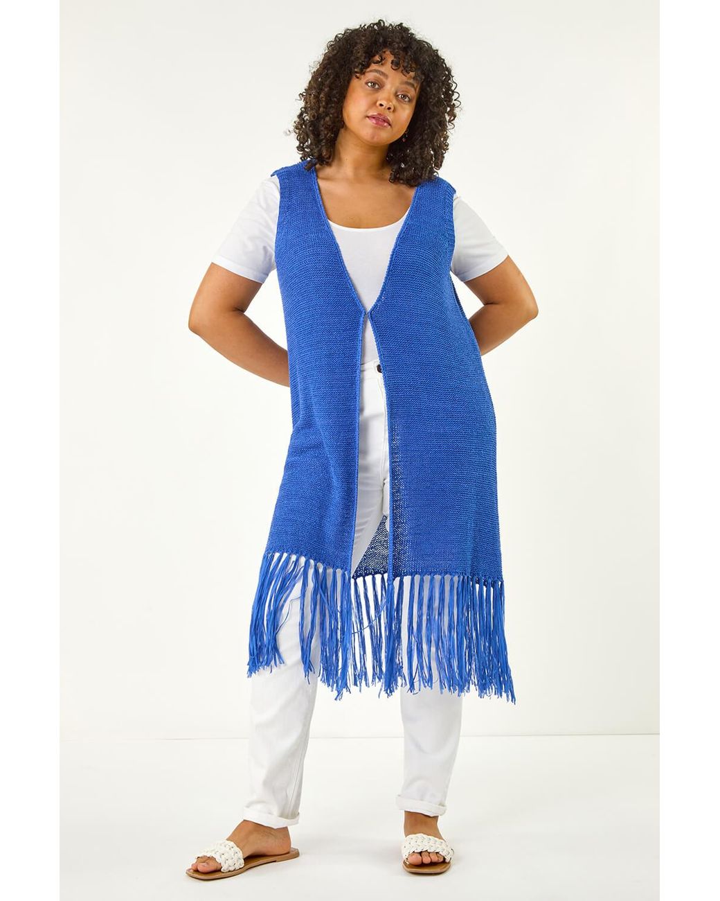 Roman Curve Blue Crochet Knit Tassel Cardigan
