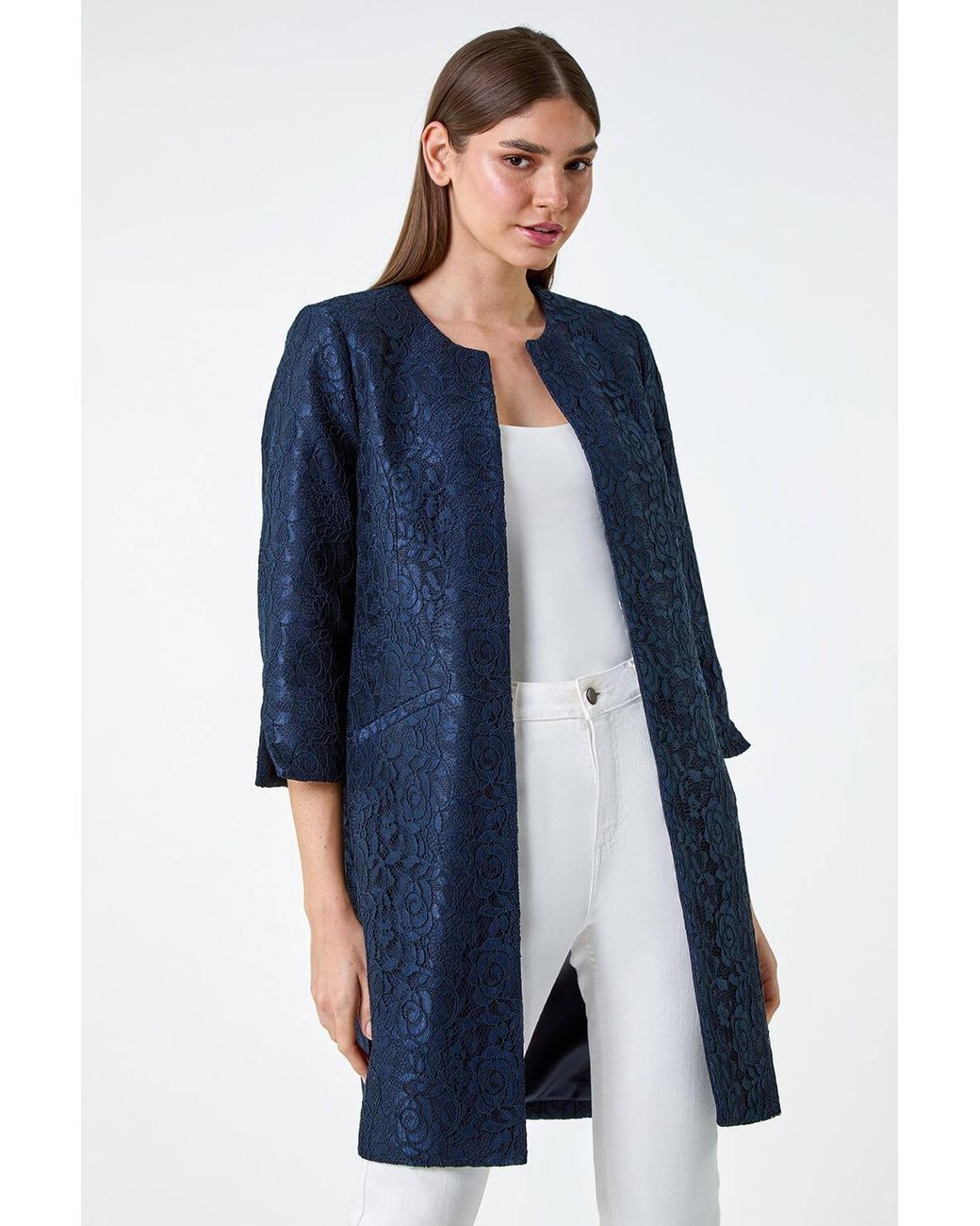 Roman Blue Lace Longline Formal Jacket