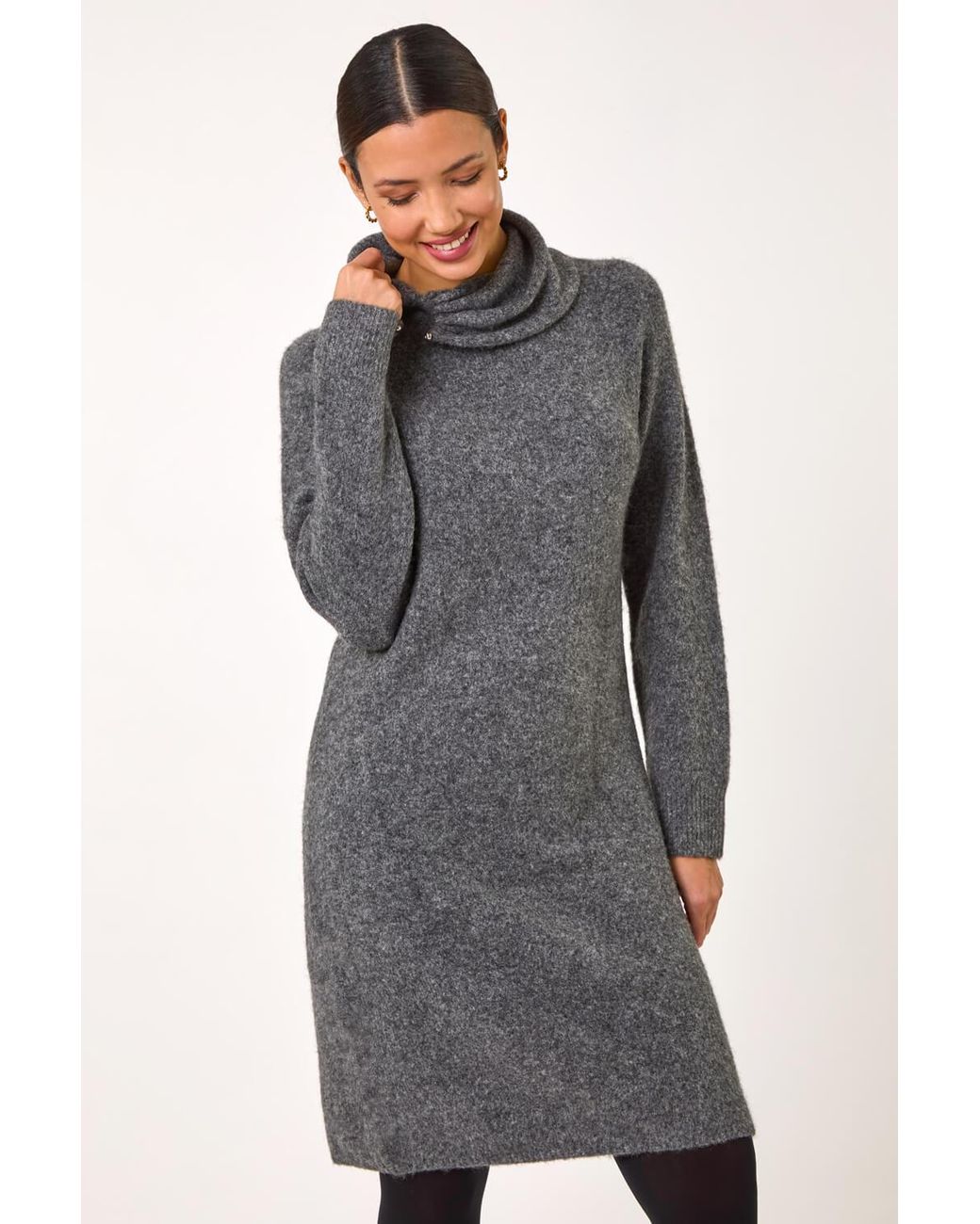 Roman Gray Ring Neck Detail Knitted Dress