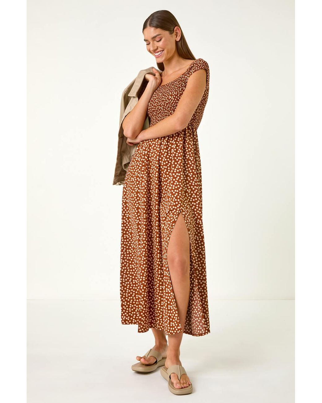 Roman Brown Spot Print Shirred Bardot Maxi Dress