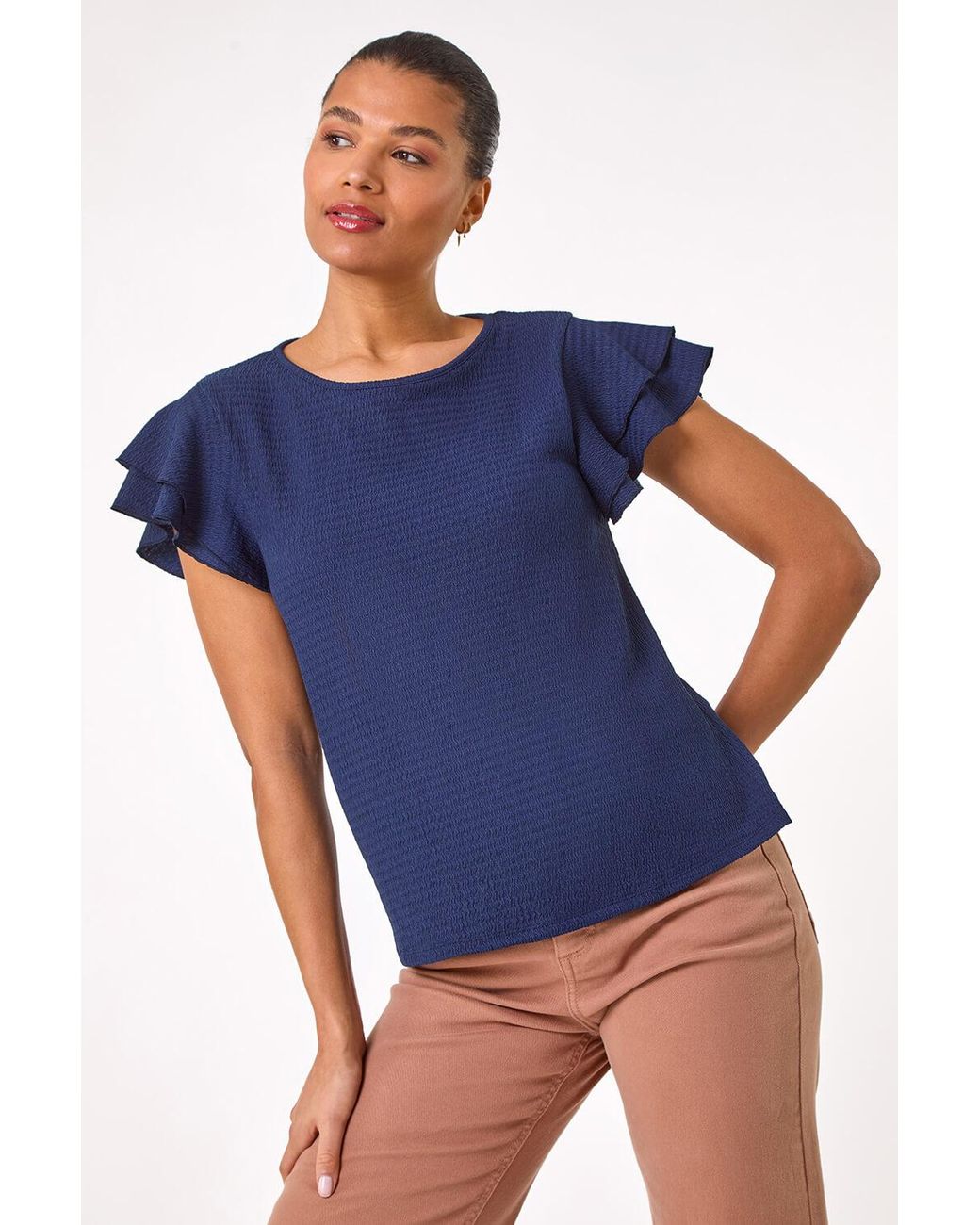 Roman Blue Textured Frill Sleeve T-Shirt