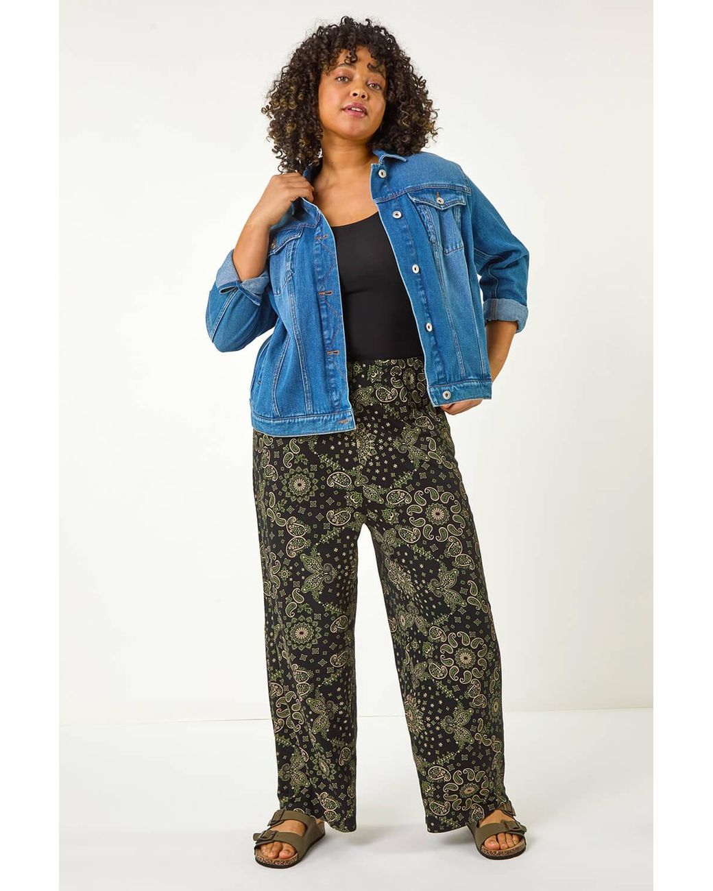 Roman Curve Green Paisley Print Wide Leg Trouser