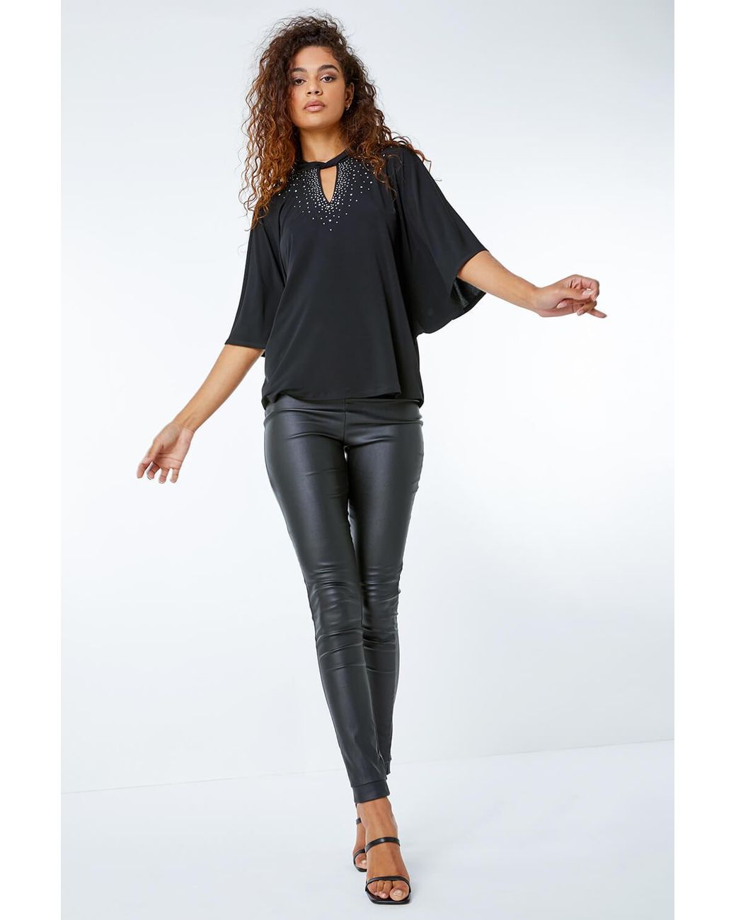 Roman Black Twist Neck Embellished Keyhole Top